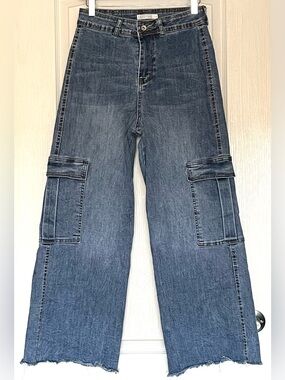 High Waisted Wide Leg Cargo Jeans Frayed Hem Blue Wash M Baggy Skater Y2K Style